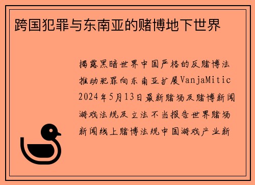 跨国犯罪与东南亚的赌博地下世界